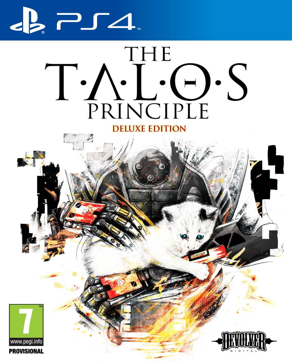 Cover: Unter dem Titel des Spiels ist ein gezeichneter Oberkörper eines Androiden, der ein weißes Kätzchen mit blauen Augen in den Händen hält und es streichelt.