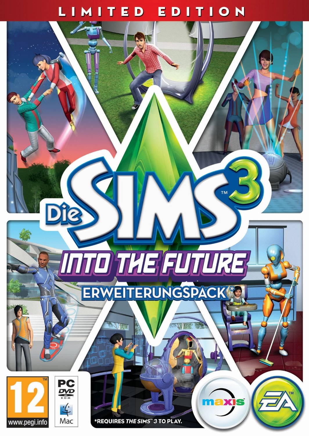 Cover von "Sims 3" mit neuen Technologien wie Raketenrucksack