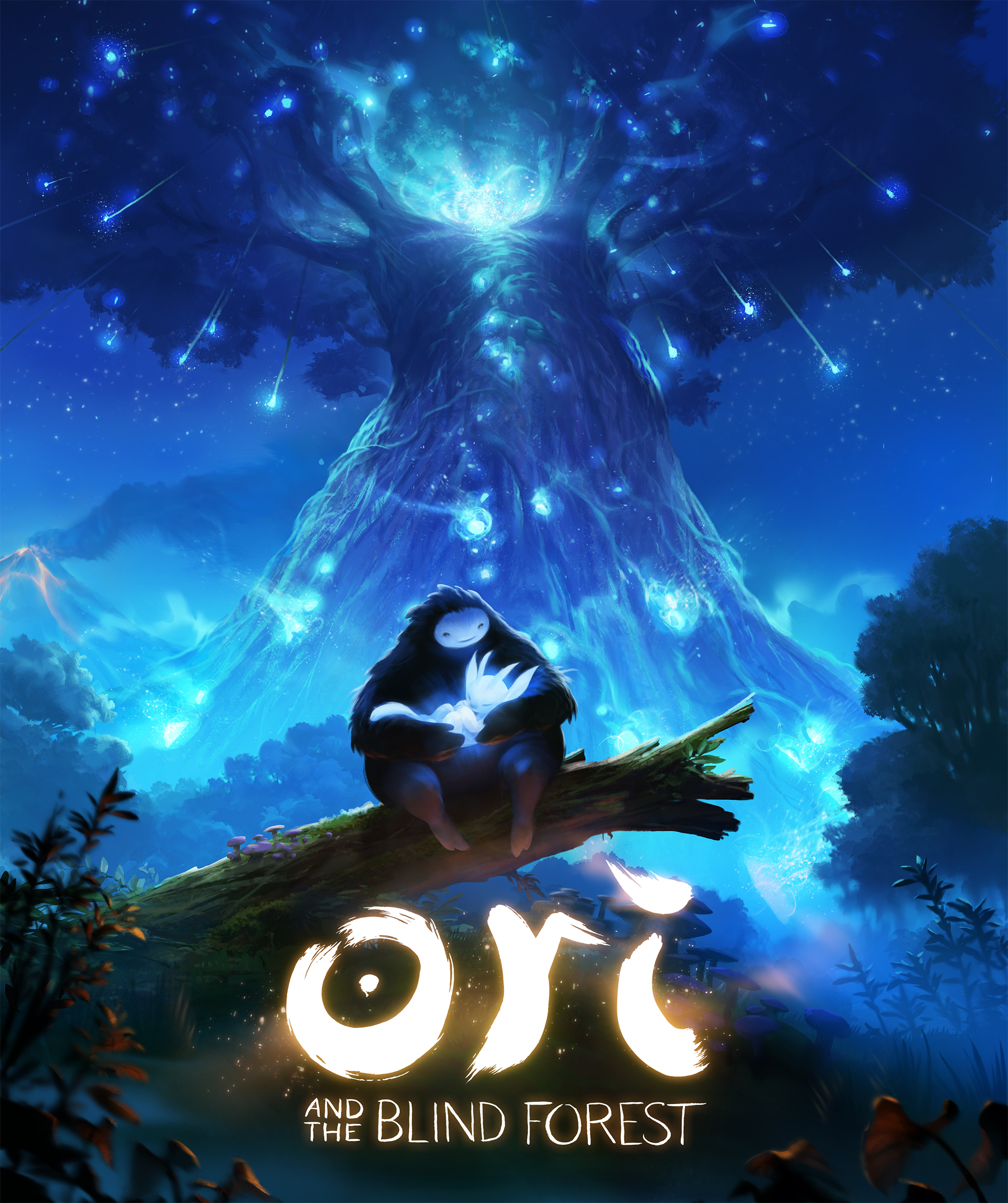 Naru, ein großes felliges Wesen sitzt auf einem Baumstumpf vor einem riesigen leuchtenden Baum und hält Ori, ein kleines, leuchtendes Wesen im Arm.