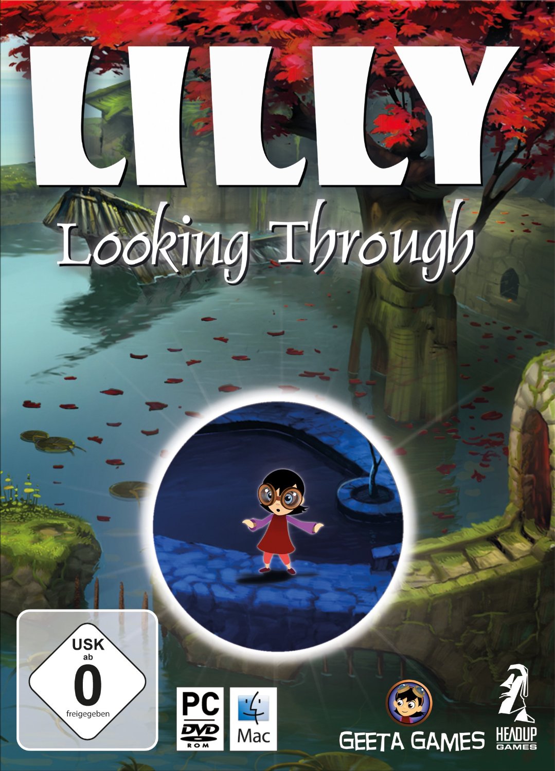 Ein kleines Mädchen in rotem Kleid mit einer großen Brille steht in einer Wassedrlandschaft. Darüber der Schriftzug "Lilly Looking Through".