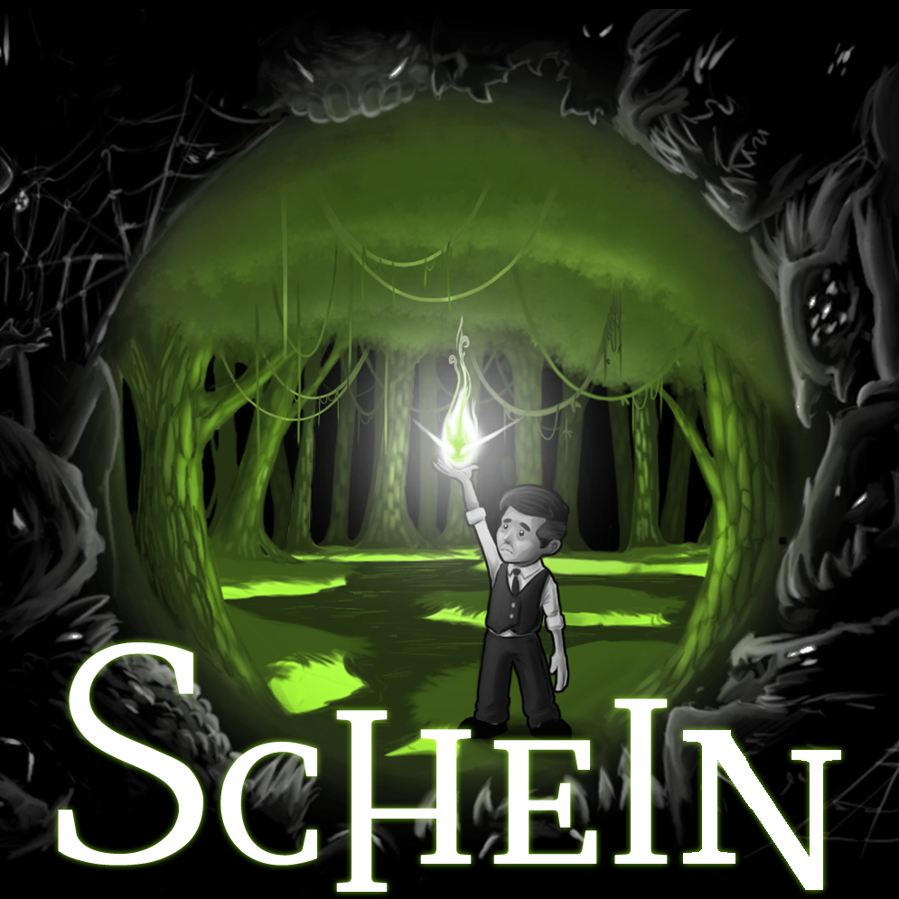 Logo: Der Hauptcharakter steht in einem sumpfigen Wald. Er hat die rechte Hand erhoben, in der eine grüne Flamme leuchtet.