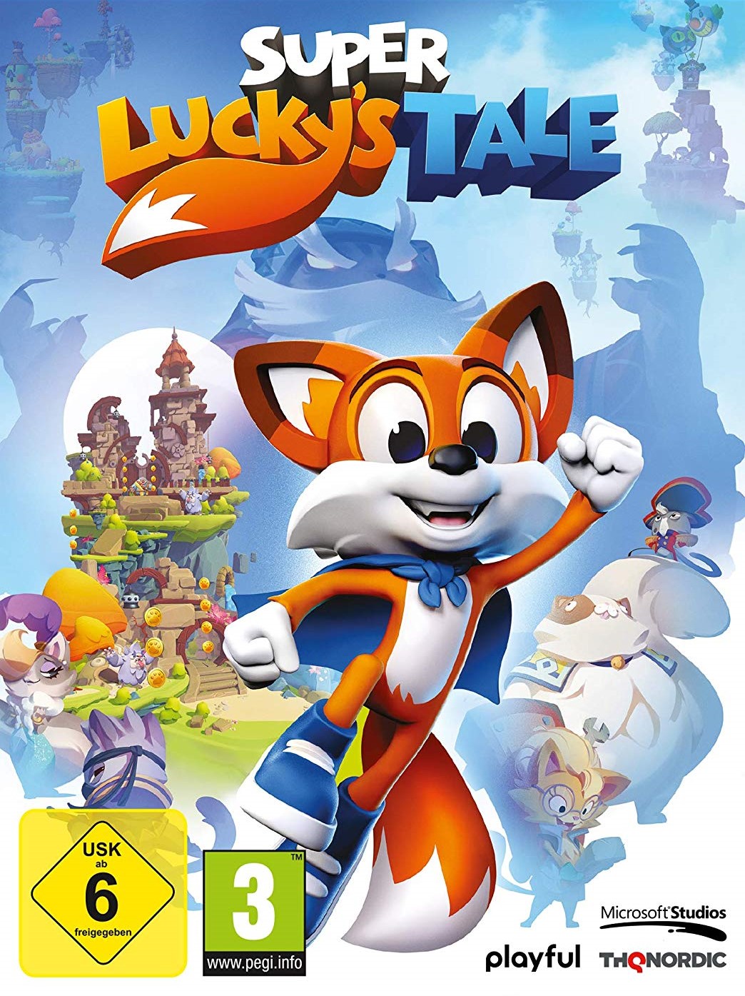 Cover des Spiels: Lucky der Fuchs im Vordergrund, hinten sieht man ein Schloss und seinen Widersacher - Kater Jinx