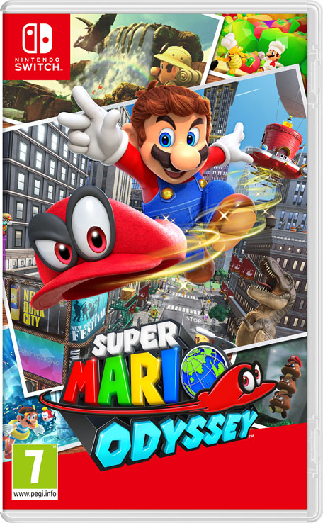 cover: Mario schleudert gerade Cappy weg, im Hintergrund ist eine Stadt.