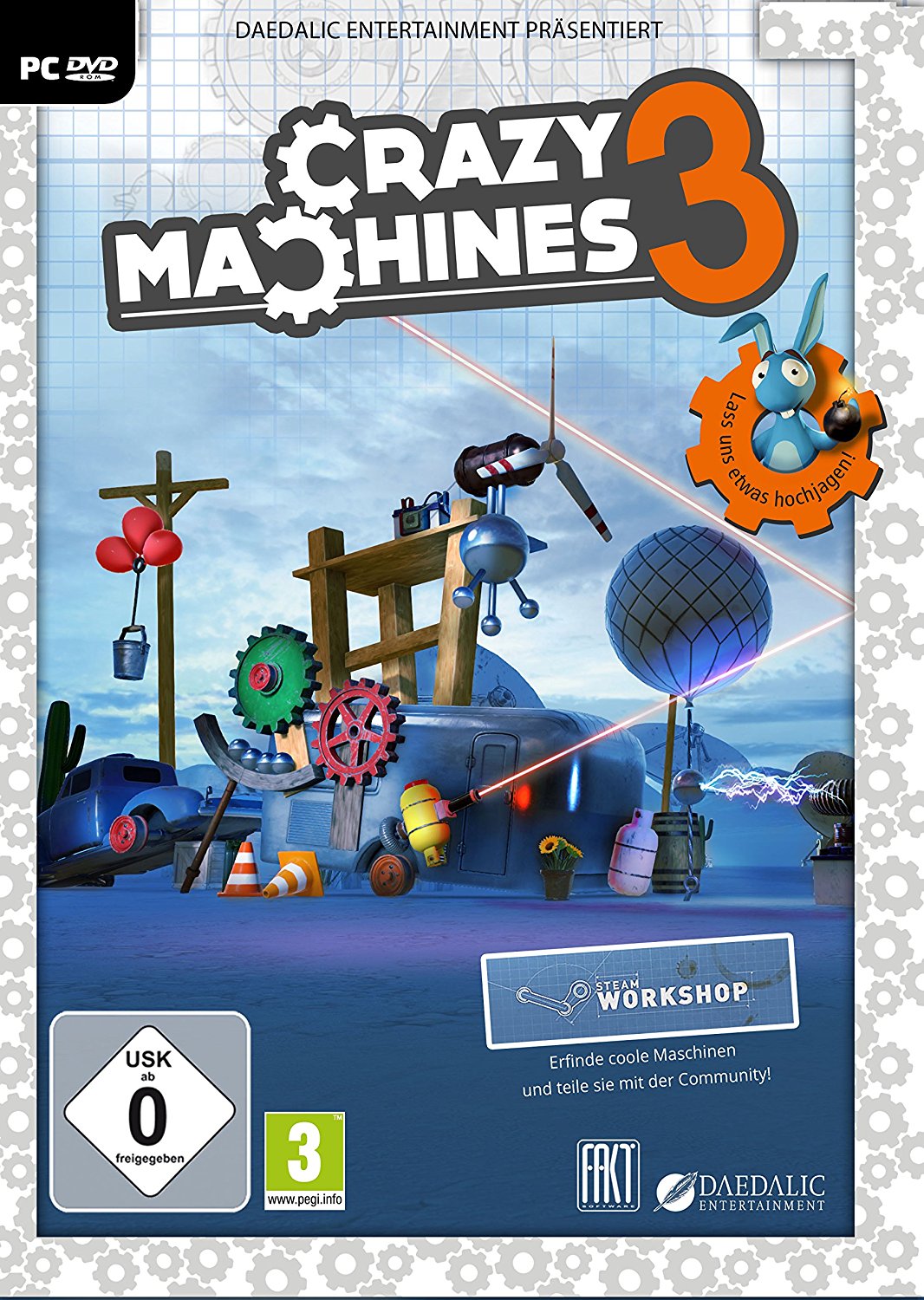 Cover: Eine durcheinandergewürfelte Ansammlung an Gegenständen wie Zahnräder, Gastanks, Stahlkugeln, ein Laser und verschiedene Ballons. Darüber steht "Crazy Machines 3"