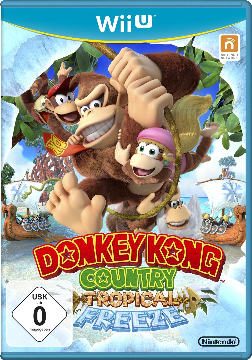 Donkey Kong und andere Affen, die sich an einer Liane entlang schwingen.