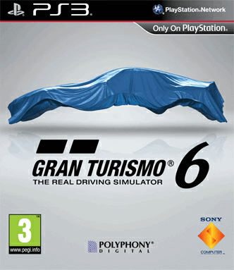 Das Cover von Gran Turismo 6 zeigt eine schematische von einem blauen Tuch abgedeckte Rennwagen-Karosserie.