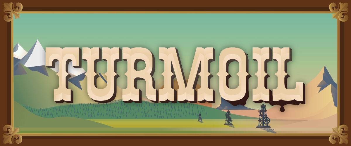 Logo des Spiels:  Die Lettern "Turmoil" sind in einer typischen Westerndruckschrift geschrieben. Im Hintergrund ist eine abstrakt gezeichnete Berglandschaft mit vereinzelt stehenden Ölbohrtürmen.
