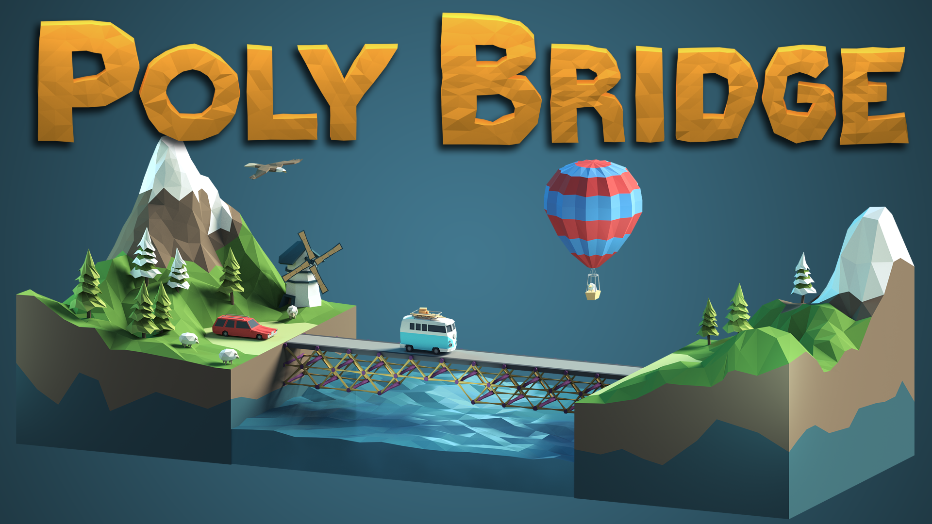 Logo des Spiels:  Zwei Landstriche mit Bergen und einem Fluss dazwischen sind mittels einer Brücke verbunden über die gerade ein blauer VW-Bully fährt. Darüber steht "Poly Bridge" geschrieben