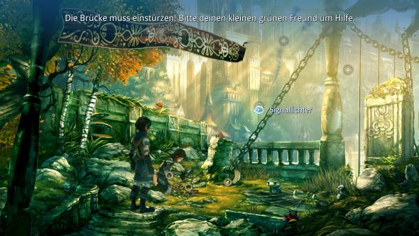 Screenshot: Noah, Kyra und Spot versuchen die Verankerung einer Brücke zu zerstören. Das Interface des Spiels ist im Bild.