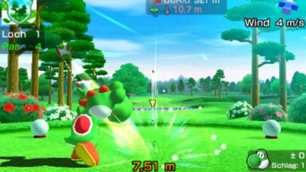Screenshot: Yoshi auf dem Golfplatz, während des Abschlags.  