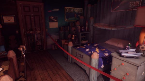 Screenshot: Kinderzimmer mit diversen Spielsachen. Vor dem Bett ist ein Seil zur Absperrung gespannt.