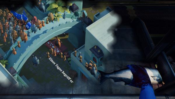 Screenshot: Auf einem Fabrikstisch wird einem Fisch der Kopf abgehackt. Am Tisch darunter spielt sich eine Fantasieszene in einem Königreich ab.
