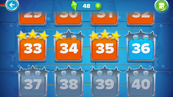 Screenshot: Die Levelauswahl. Einige bereits absolvierte Level sind orange eingefärbt.