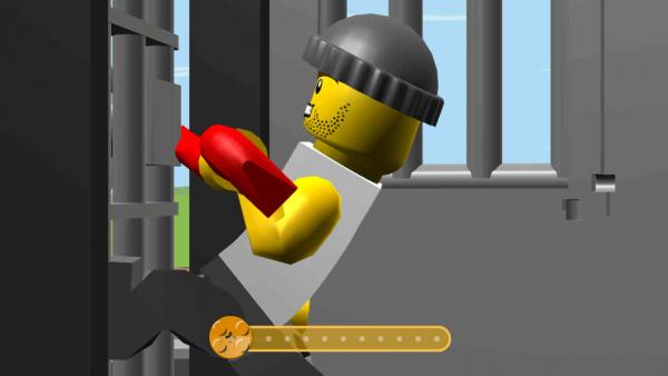 Screenshot: Ein Einbrecher versucht aus dem Lego-Gefängnis zu entfliehen.