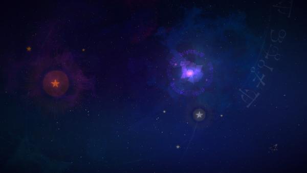 Screenshot: Nachthimmel der von zwei bunten Sternen erhellt wird.
