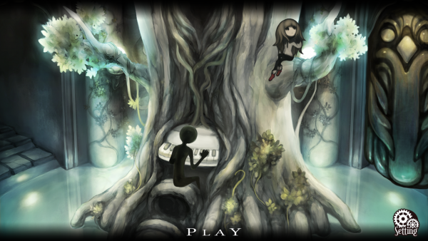 Screenshot: Ein schwarzes Wesen vor einem Baum mit eingewachsenem Klavier. Auf dem Baum sitzt ein kleines Mädchen.