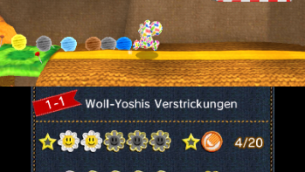 Screenshot: Yoshi läuft mit bunten Wollknäulen herum. 
