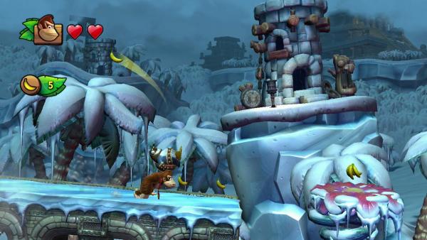 Donkey Kong läuft durch eine eisige Winterlandschaft.