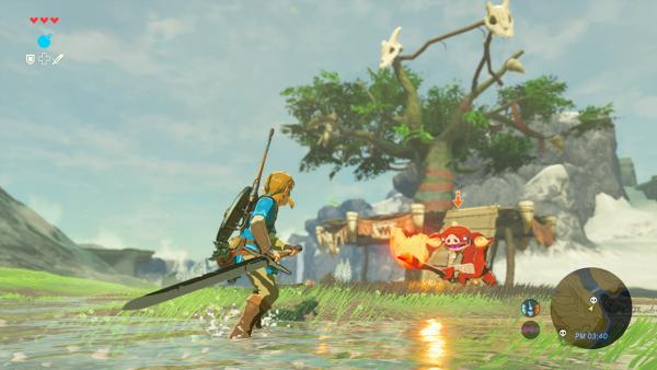 Screenshot: Link ist bewaffnet mit Schwert und Schild und steht einem Monster gegenüber.