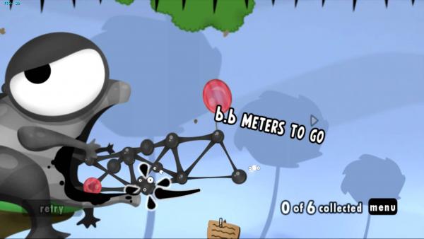 Screenshot: Eine Schlucht soll mit Goos und Luftballons überwunden werden - oben und unten sind Stacheln.