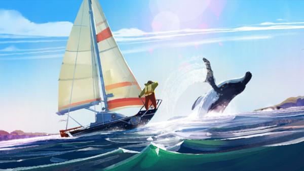 Screenshot: Ein Segelboot schwimmt im Meer und wird von einem Wal begleitet.