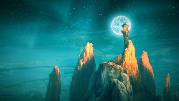 Screenshot: Ein Leuchtturm auf einem Felsen, dahinter der Nachthimmel, inklusive Mond.