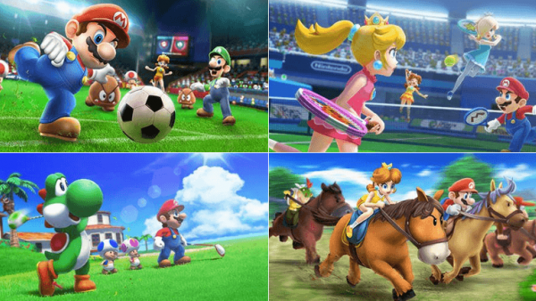 Screenshot: Mehrere Nintendo-Charaktere beim Golfen, Reiten, Fußball und Tennis spielen. 