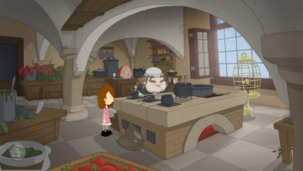 Screenshot: Anna steht in einer Küche neben einer griesgrämigen Köchin.