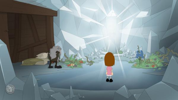Screenshot: Anna schaut auf einen großen leuchtenden Diamanten.