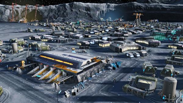 Screenshot: Besiedlung des Mondes mit speziellen Gebäuden, die an die widrigen Umstände angepasst sind.