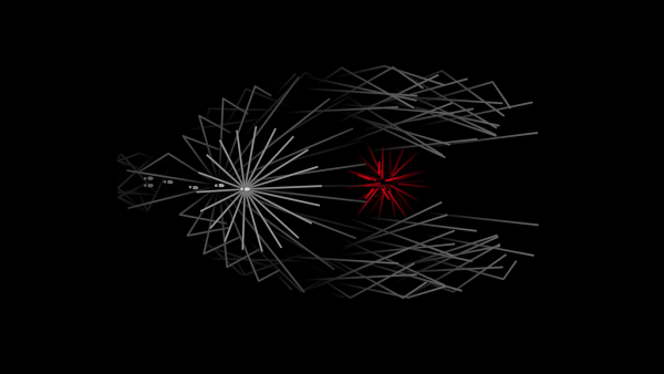 Screenshot: Mehrere weiße Fußabdrücke auf schwarzem Hintergrund gehen einem roten Stern aus Linien entgegen. Diverse weiße Linien werden von Hindernissen reflektiert.