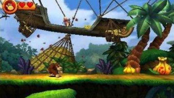 Donkey Kong jagt in einer bunten Spielwelt umher.