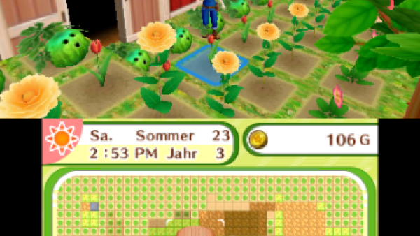 screenshot: Ein junger Mann erntet Blumen und Gemüse im Garten.