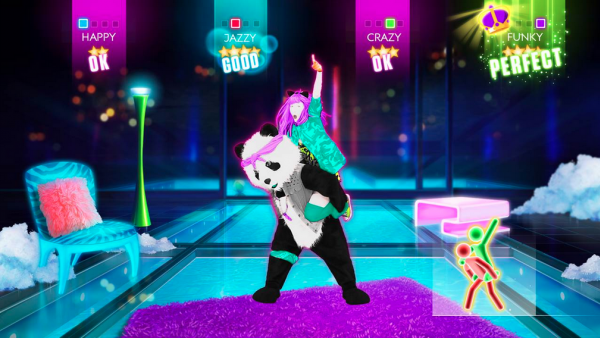 Eine Tänzerin am Rücken eines Pandabären. Links unten sieht man, wie die Spielenden diese Position nachstellen sollen. 