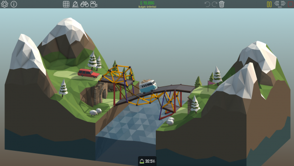 Screenshot: Eine etwas komplexere Brückenkonstruktion verbindet zwei bergige, schneebedeckte Landschaften über einen Fluss.