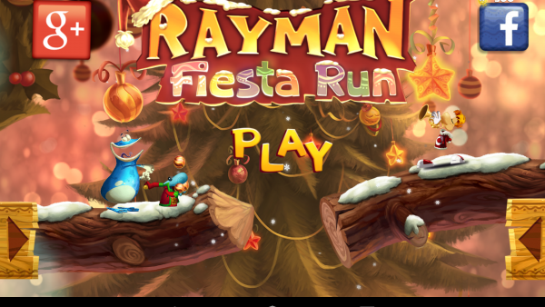 Spielmenü mit Schriftzug "Rayman Fiesta Run" und den drei Charakteren. Das Bild ist weihnachtlich gestaltet.