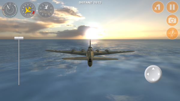 Screenshot: B17 fliegt knapp über dem Meer dem Sonnenuntergang entgegen