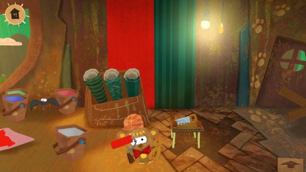 Screenshot: Ein Bär hält in einer Werkstatt eine Malerrolle und eine Zange in der Hand.