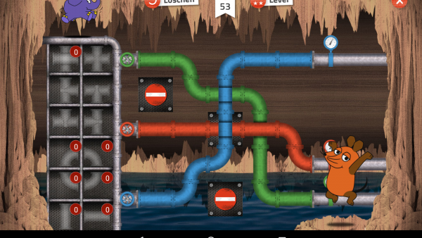Screenshot: Es wird das Röhren-Spiel gezeigt. Links finden sich verschiedene Röhrenelemente, rechts drei verschiedenfarbige Röhrensysteme.