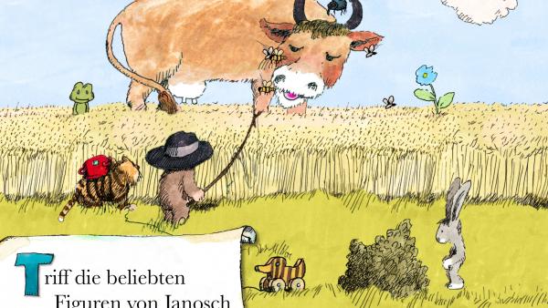 Screenshot: Gezeichnete Szene, in der der kleine Tiger und Bär vor einem Weizenfeld stehen, in dem eine große Kuh steht. Diverse andere Figuren wie ein Frosch, Hase und die Tigerente sind ebenfalls im Bild. Links unten steht "Triff die beliebten Figuren von Janosch"