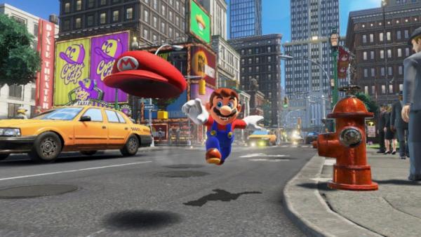 screenshot: Mario wirft im Sprung seine Kappe.