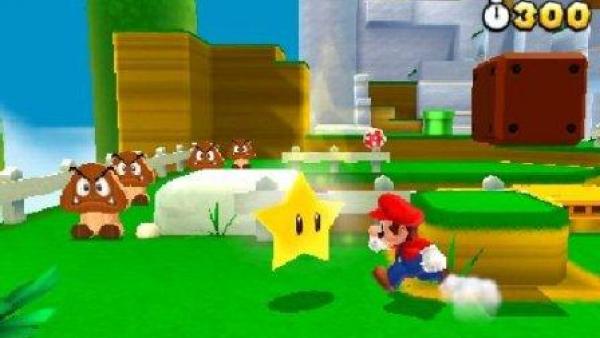 Mario läuft durch eine grüne 3D Landschaft.
