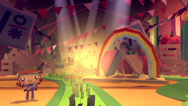 Screenshot: Spielfigur in Landschaft mit Regenbogen