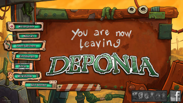 Spielmenü mit dem Schriftzug "You are now leaving Deponia"