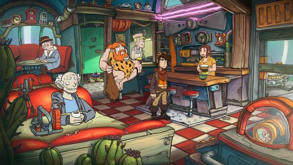 Screenshot: Der Hauptcharakter Rufus steht in einem Cafe im amerikanischen Stil. Neben anderen Gästen sitzt Im Hintergrund ein Steinzeitmensch mit einem Kaffee.    