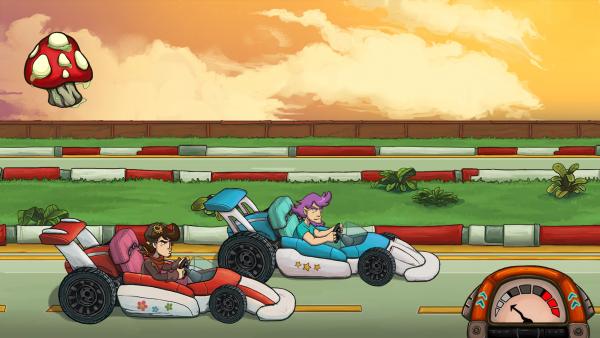 Screenshot: Der Hauptcharakter sitzt in einem roten Rennwagen und duelliert sich mit einem Mann in einem blauen Rennwagen.