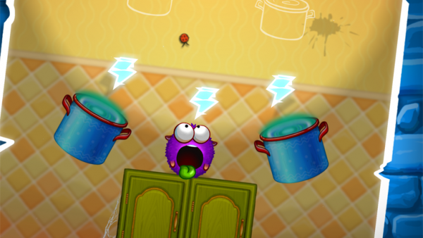 Screenshot: In einem Level sind zwei Töpfe, die als Portale dienen. Dazwischen sitzt die Spielfigur.