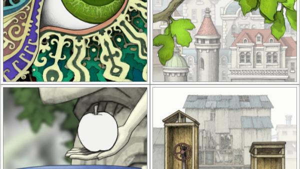 Screenshot: Ein stilisiertes Auge, ein Ast mit Blättern, ein Apfel über einer Schüssel und zwei Häuschen