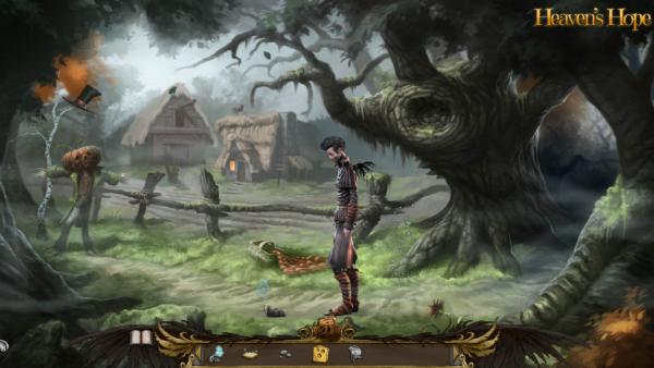 Screenshot: Ein Engel steht mit einer toten Maus, deren Seele an ihrem Schwanz baumelt, auf einem Feld.