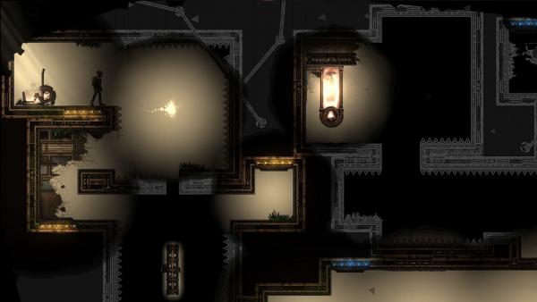 Screenshot: Ein dunkles Level mit einer Lichtquelle.